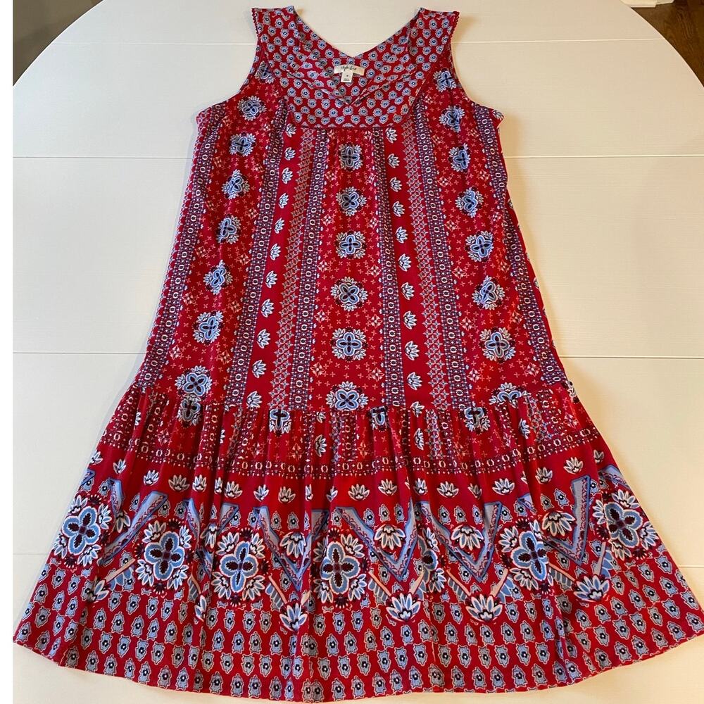 Style & Co Bandana Dress Sz M Tiered V-Neck Red Blue Sleeveless Festival Western - Picture 8 of 13
